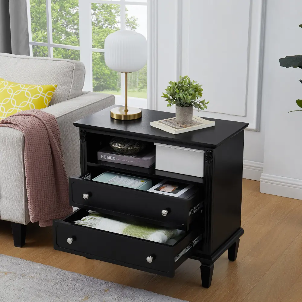 Open Space and 2 Drawer Dresser Nightstand with Charging Station, Solid Wood Legs for Bedroom Nightstand