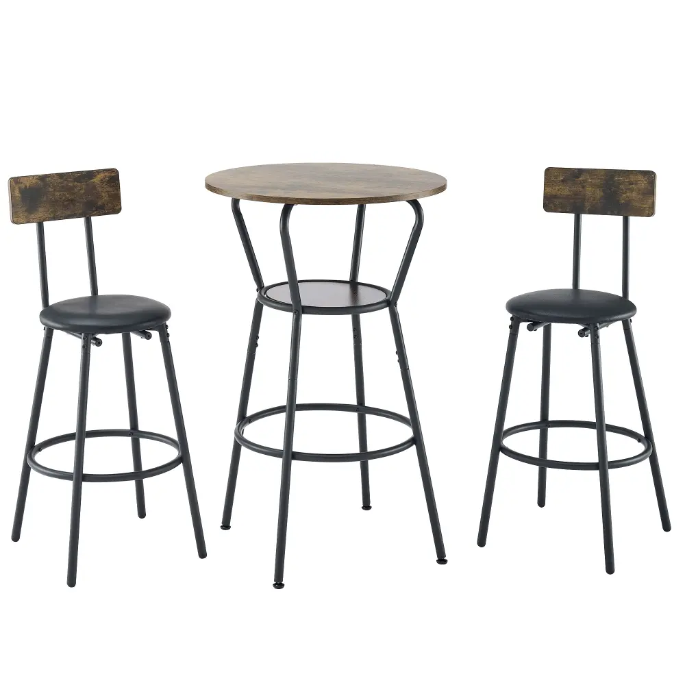Round Bar Table and Stool Set with Shelf, Upholstered Stools with Backrests, 24.17"W X 24.17"D X 36.02"H Coffe Table