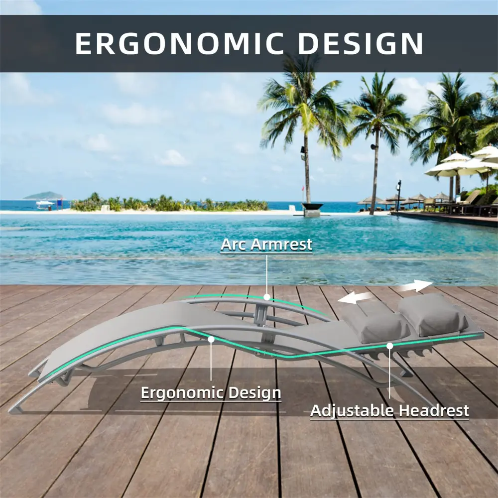 Pool Lounge Chair 3-Piece Set with Metal Side Table (Gray, 2 Lounge Chairs + 1 Table) Recliner Chair  Patio Furniture