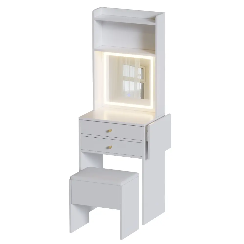 Dressing Table Set with 3 Adjustable Lighted Mirrors and Storage Chair, Dressing Table with Folding Panels Dressers