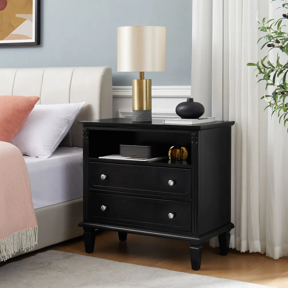 Open Space and 2 Drawer Dresser Nightstand with Charging Station, Solid Wood Legs for Bedroom Nightstand