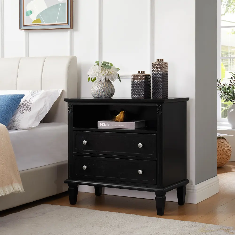 Open Space and 2 Drawer Dresser Nightstand with Charging Station, Solid Wood Legs for Bedroom Nightstand