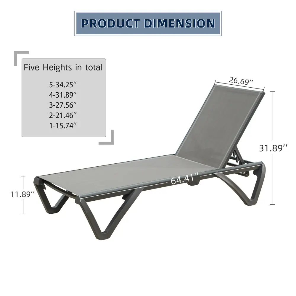 Patio Lounge Chair with Adjustable Backrest for Beach, Patio, Balcony, Grey, 2 Lounge Chairs Recliner Chair  Outdoor Furniture
