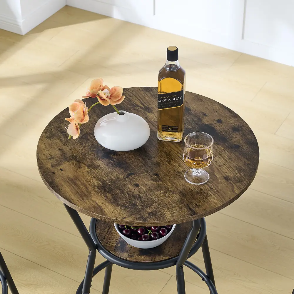 Round Bar Table and Stool Set with Shelf, Upholstered Stools with Backrests, 24.17"W X 24.17"D X 36.02"H Coffe Table