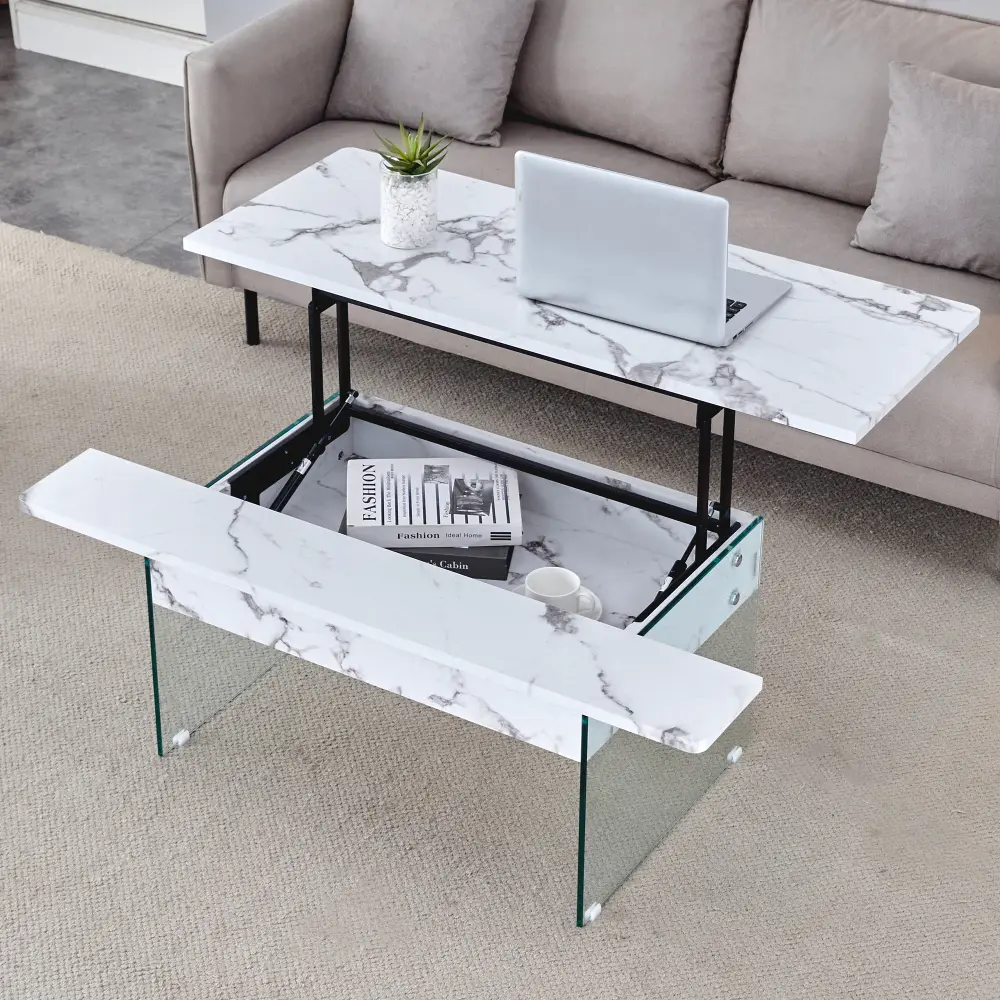 Multifunctional Lift Coffee Table with Marble Pattern, Tempered Glass Legs, Lift Top Function. Coffee Table