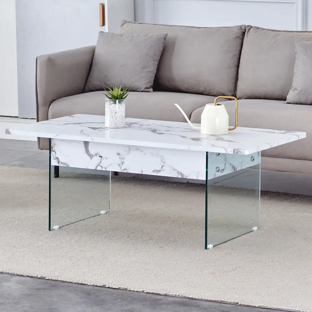 Multifunctional Lift Coffee Table with Marble Pattern, Tempered Glass Legs, Lift Top Function. Coffee Table