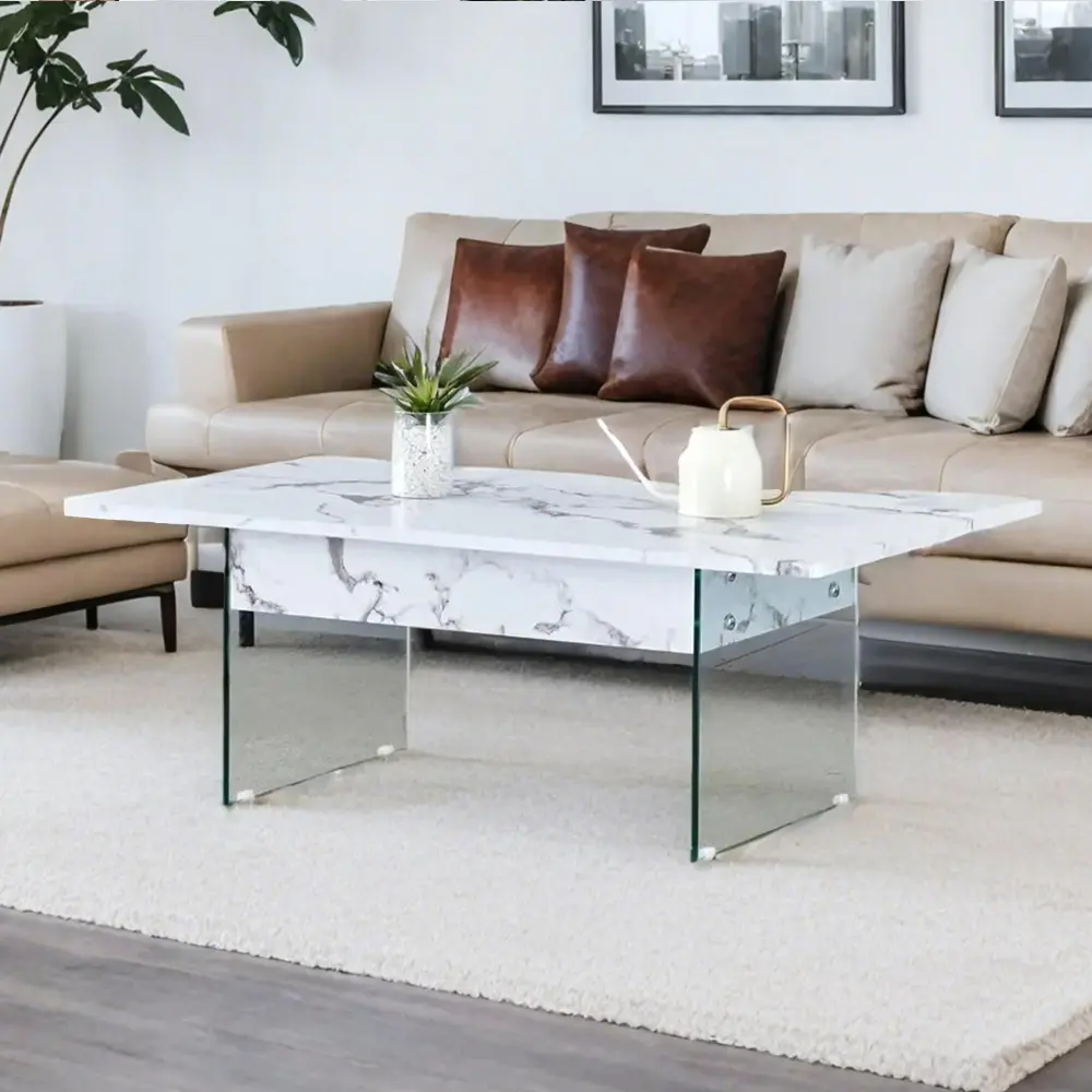 Multifunctional Lift Coffee Table with Marble Pattern, Tempered Glass Legs, Lift Top Function. Coffee Table