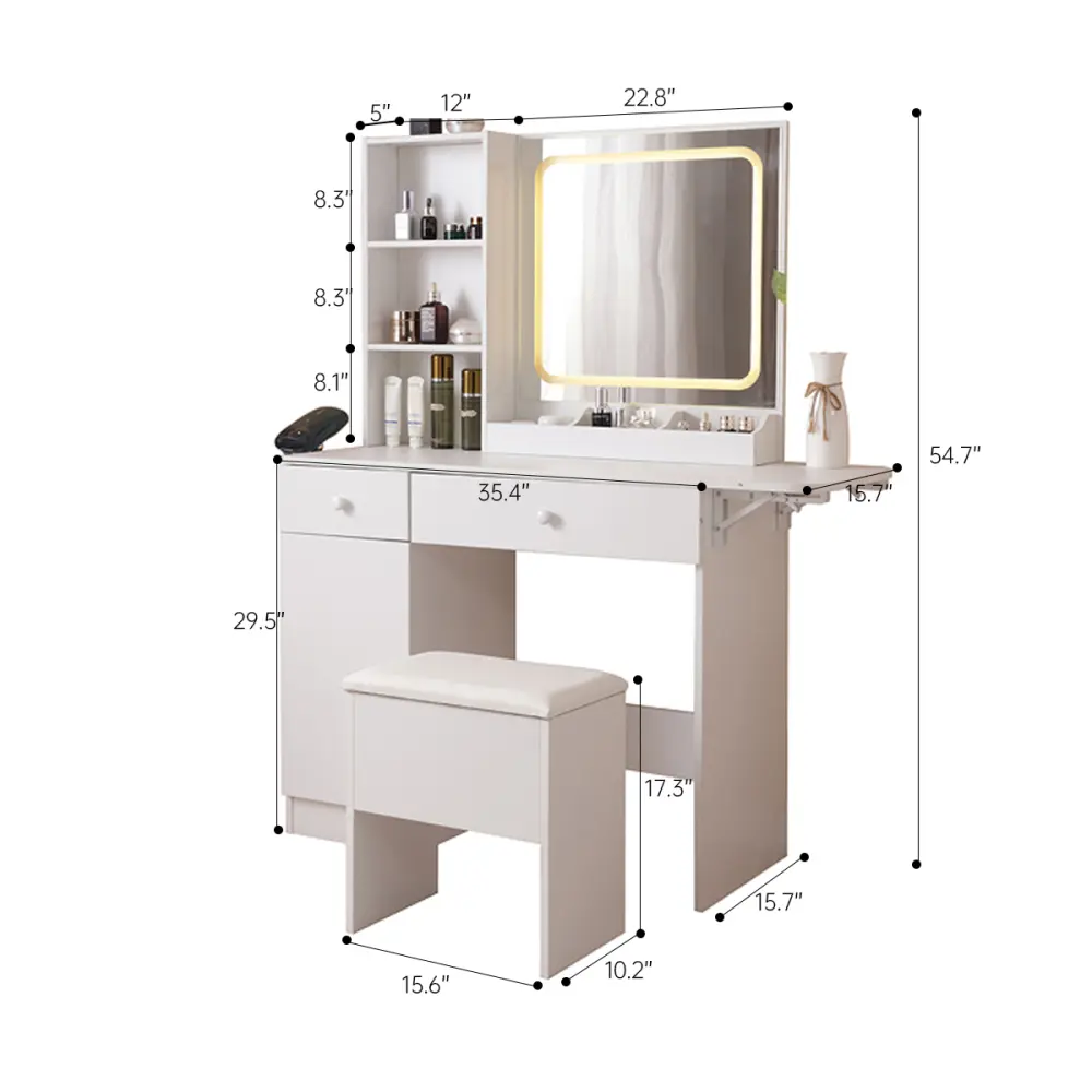 Dressing Table with Lighted Mirror and Electrical Outlet, Large Storage Cabinet with Drawers and Bedroom, Storage Bench,