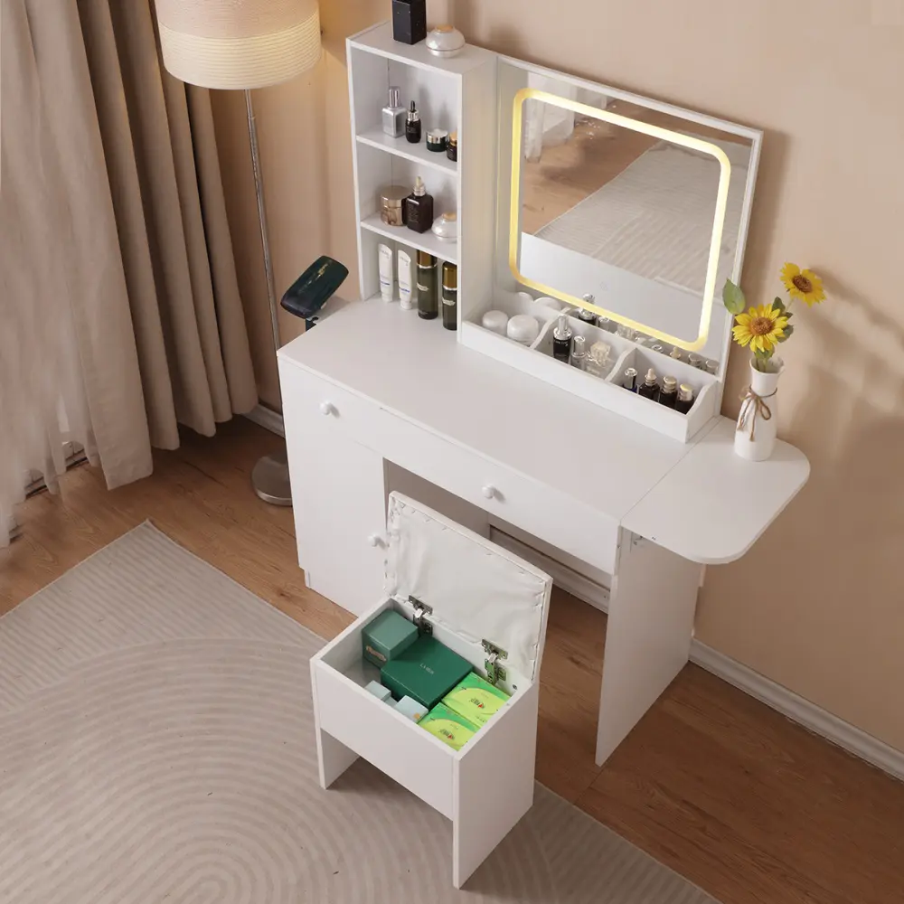 Dressing Table with Lighted Mirror and Electrical Outlet, Large Storage Cabinet with Drawers and Bedroom, Storage Bench,