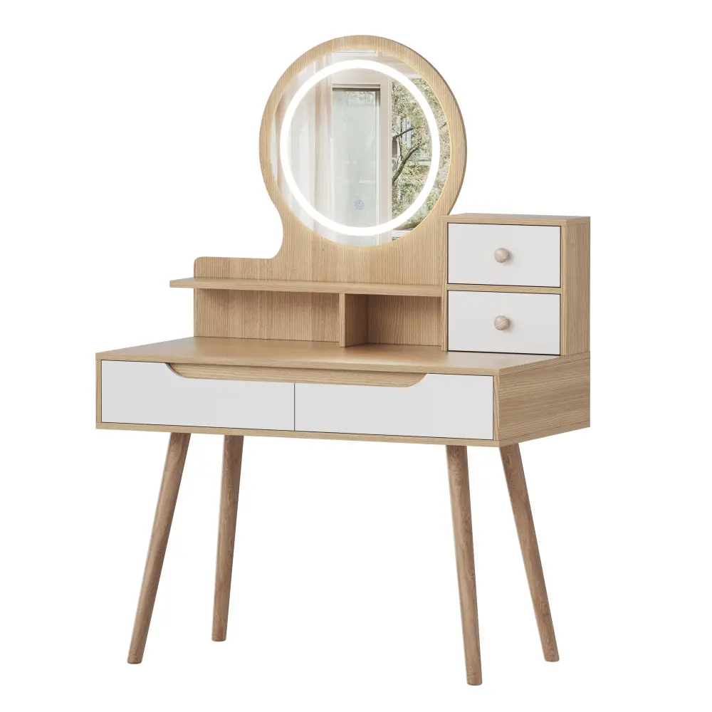 Dressing Table with 3 Adjustable Lighted Mirrors with Solid Wood Base, Dressing Table Set with 4 Drawers and 3 Open Shelves