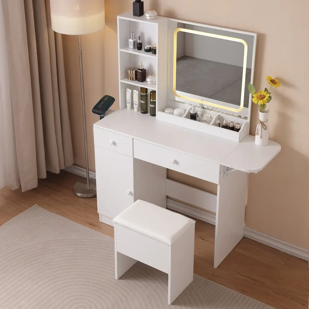 Dressing Table with Lighted Mirror and Electrical Outlet, Large Storage Cabinet with Drawers and Bedroom, Storage Bench,