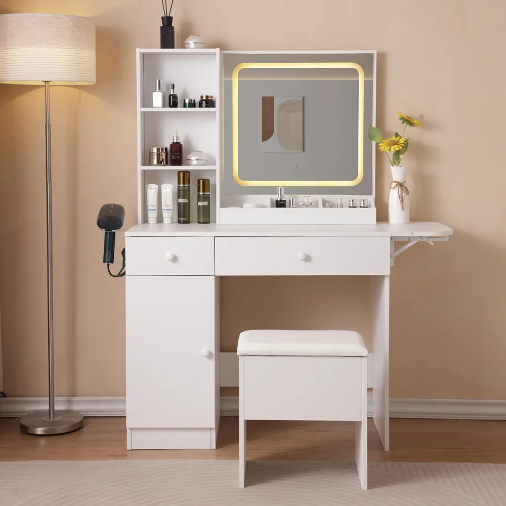 Dressing Table with Lighted Mirror and Electrical Outlet, Large Storage Cabinet with Drawers and Bedroom, Storage Bench,