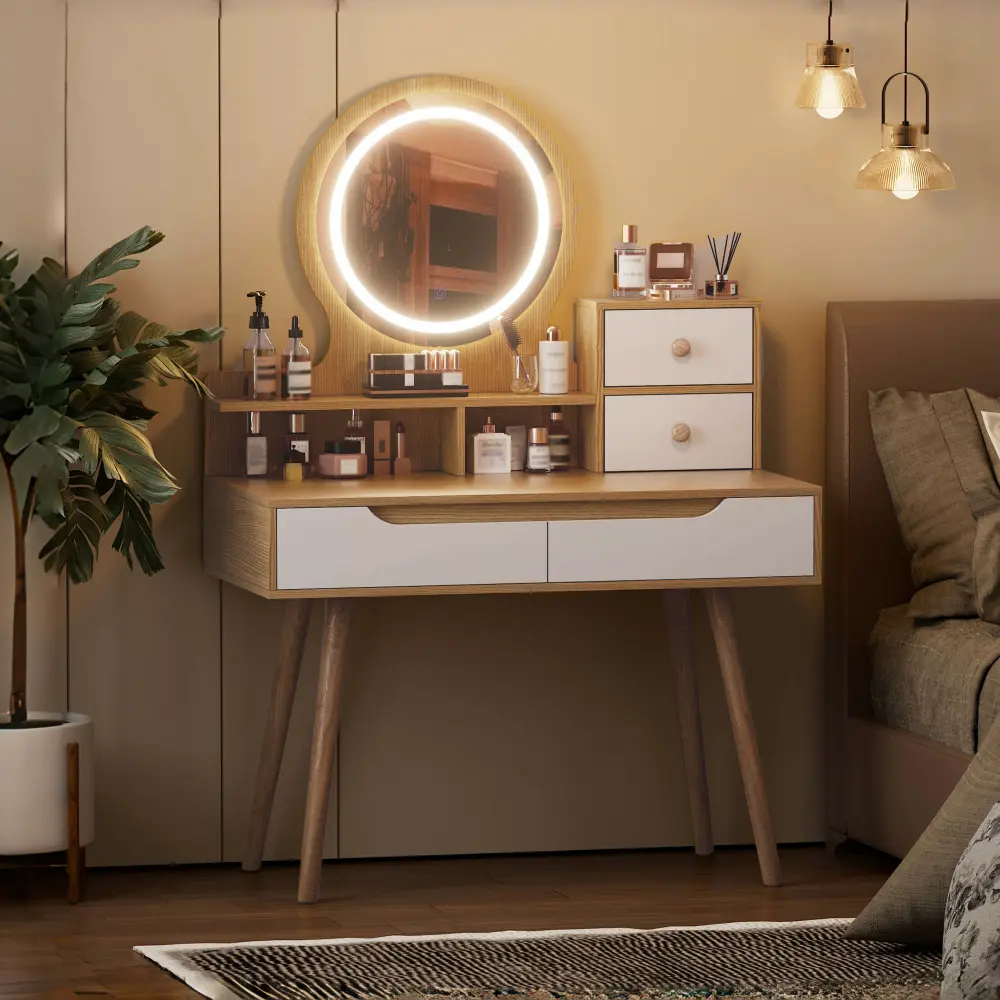Dressing Table with 3 Adjustable Lighted Mirrors with Solid Wood Base, Dressing Table Set with 4 Drawers and 3 Open Shelves