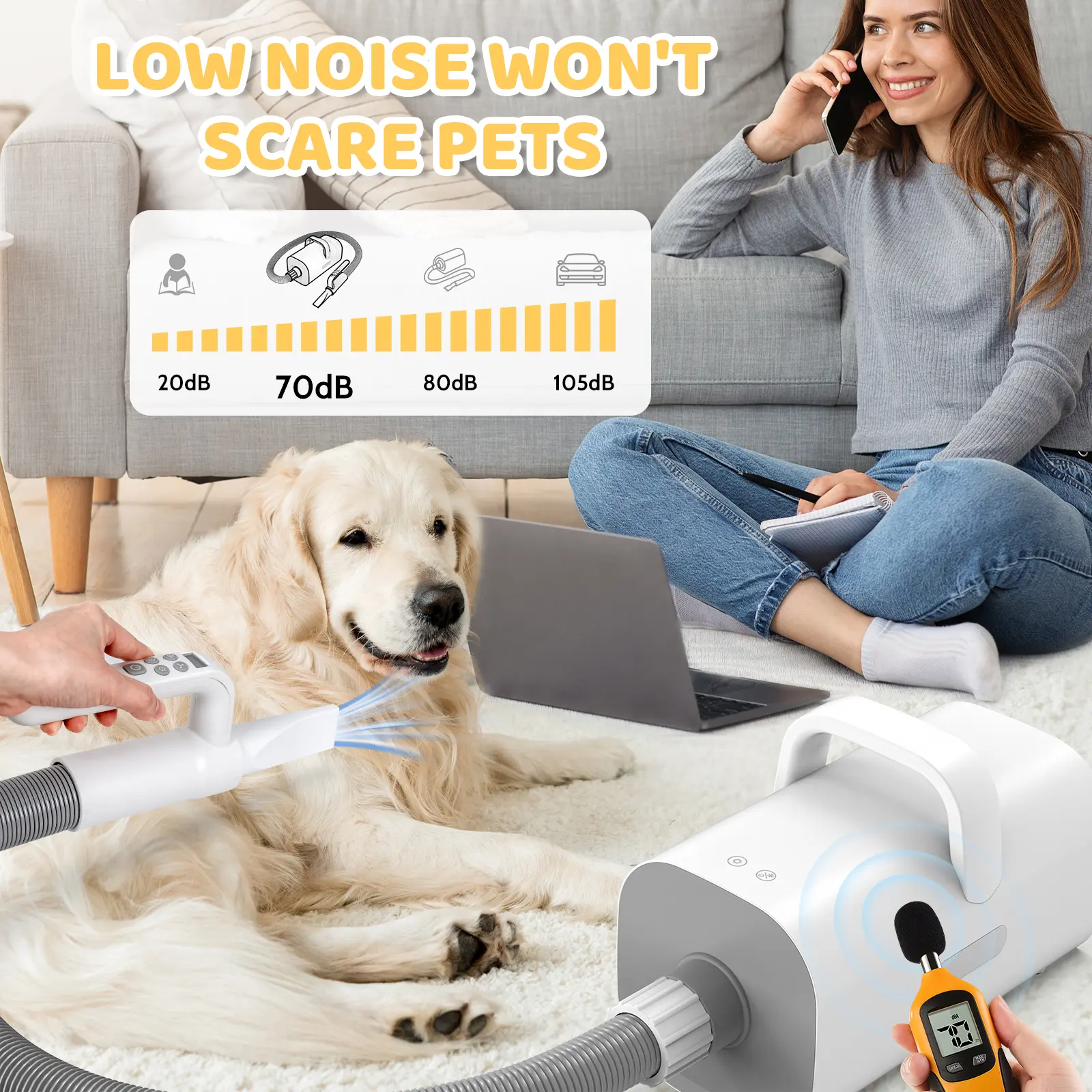 Pet Dog Hair Dryer with Smart Heat-insulated Handle,90m/sHigh-speed Dog Hair Dryer,Adjustable Air Flow Speed,temperature Control