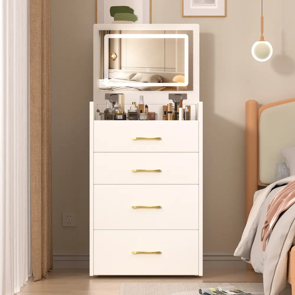 3 in 1 Dressing Table with Open Top Mirror, Small Makeup Vanity Set with Visible Glass Table Top Dressers  Bedroom Furniture