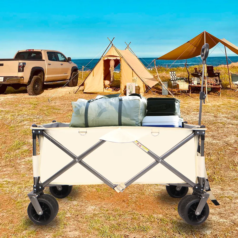 Folding Wagon,Heavy Duty Utility Beach Wagon Cart for Sand with Big Wheels, Adjustable Handle&Drink Holders for Shopping Camping