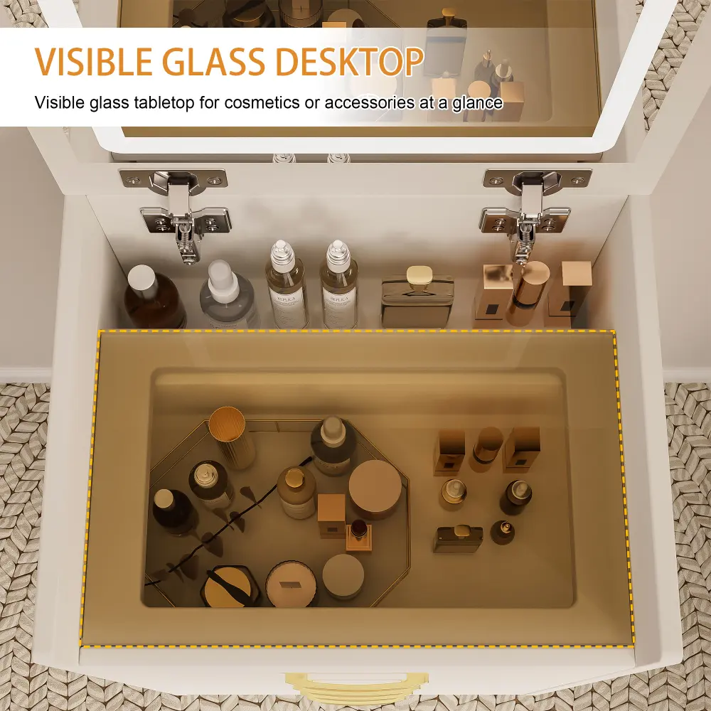 3 in 1 Dressing Table with Open Top Mirror, Small Makeup Vanity Set with Visible Glass Table Top Dressers  Bedroom Furniture