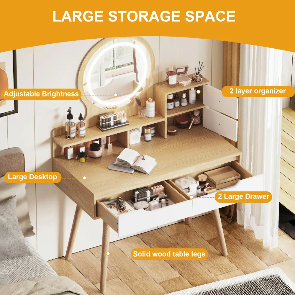 Dressing Table with 3 Adjustable Lighted Mirrors with Solid Wood Base, Dressing Table Set with 4 Drawers and 3 Open Shelves