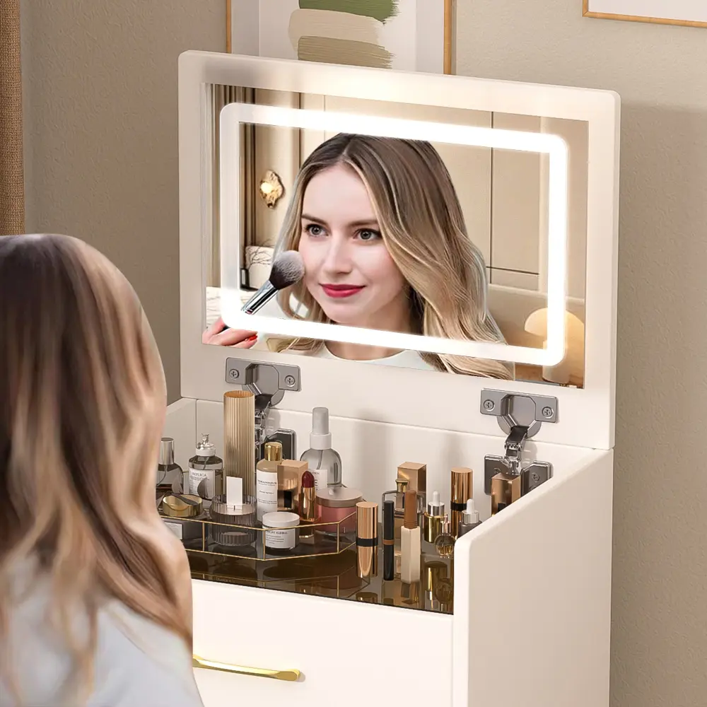 3 in 1 Dressing Table with Open Top Mirror, Small Makeup Vanity Set with Visible Glass Table Top Dressers  Bedroom Furniture