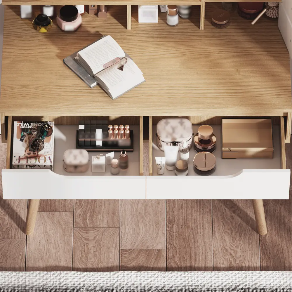 Dressing Table with 3 Adjustable Lighted Mirrors with Solid Wood Base, Dressing Table Set with 4 Drawers and 3 Open Shelves