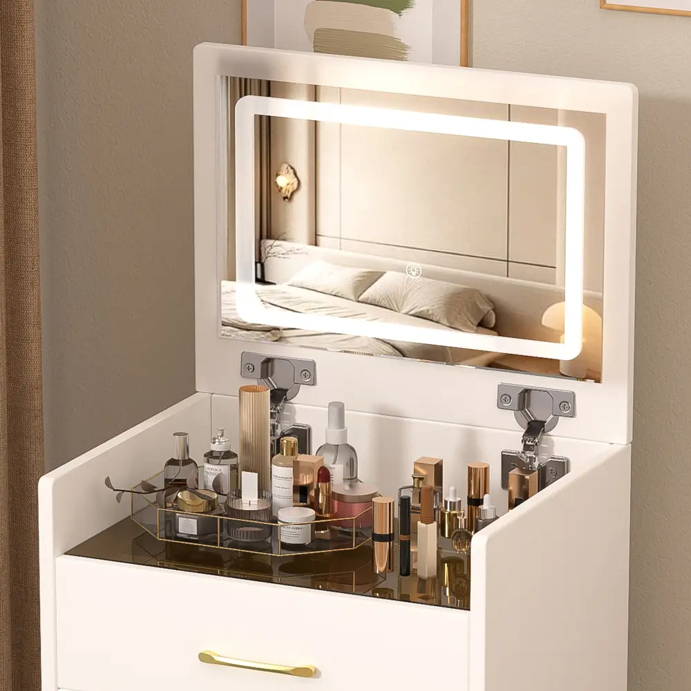 3 in 1 Dressing Table with Open Top Mirror, Small Makeup Vanity Set with Visible Glass Table Top Dressers  Bedroom Furniture