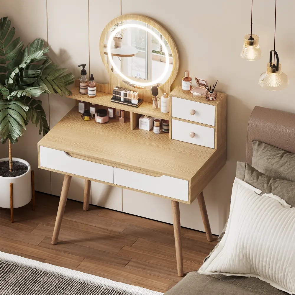 Dressing Table with 3 Adjustable Lighted Mirrors with Solid Wood Base, Dressing Table Set with 4 Drawers and 3 Open Shelves