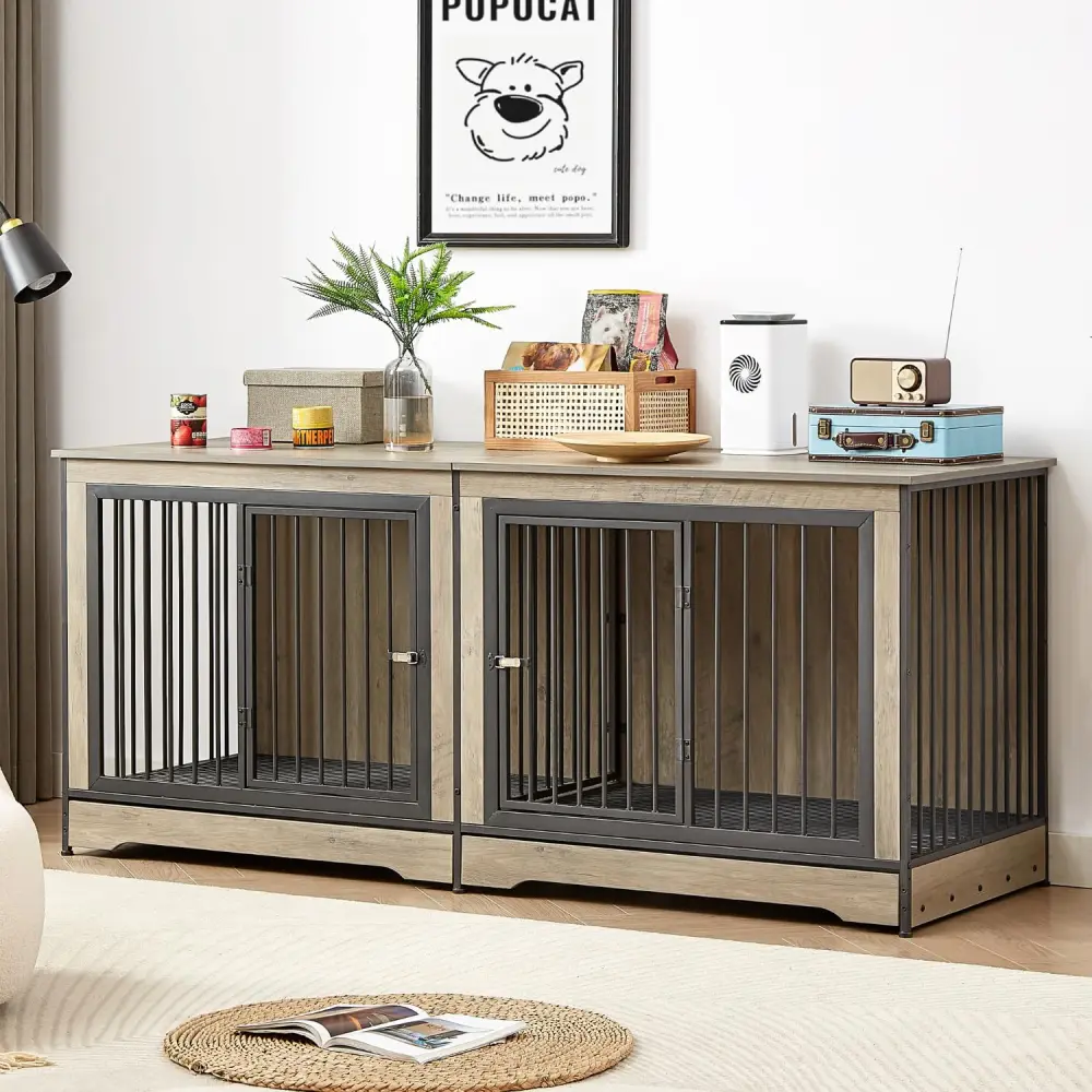Dog Crate Furniture with Two Combined Rooms, XL Large Double Dog Crate Furniture with Tray Dog  Pets Dog House