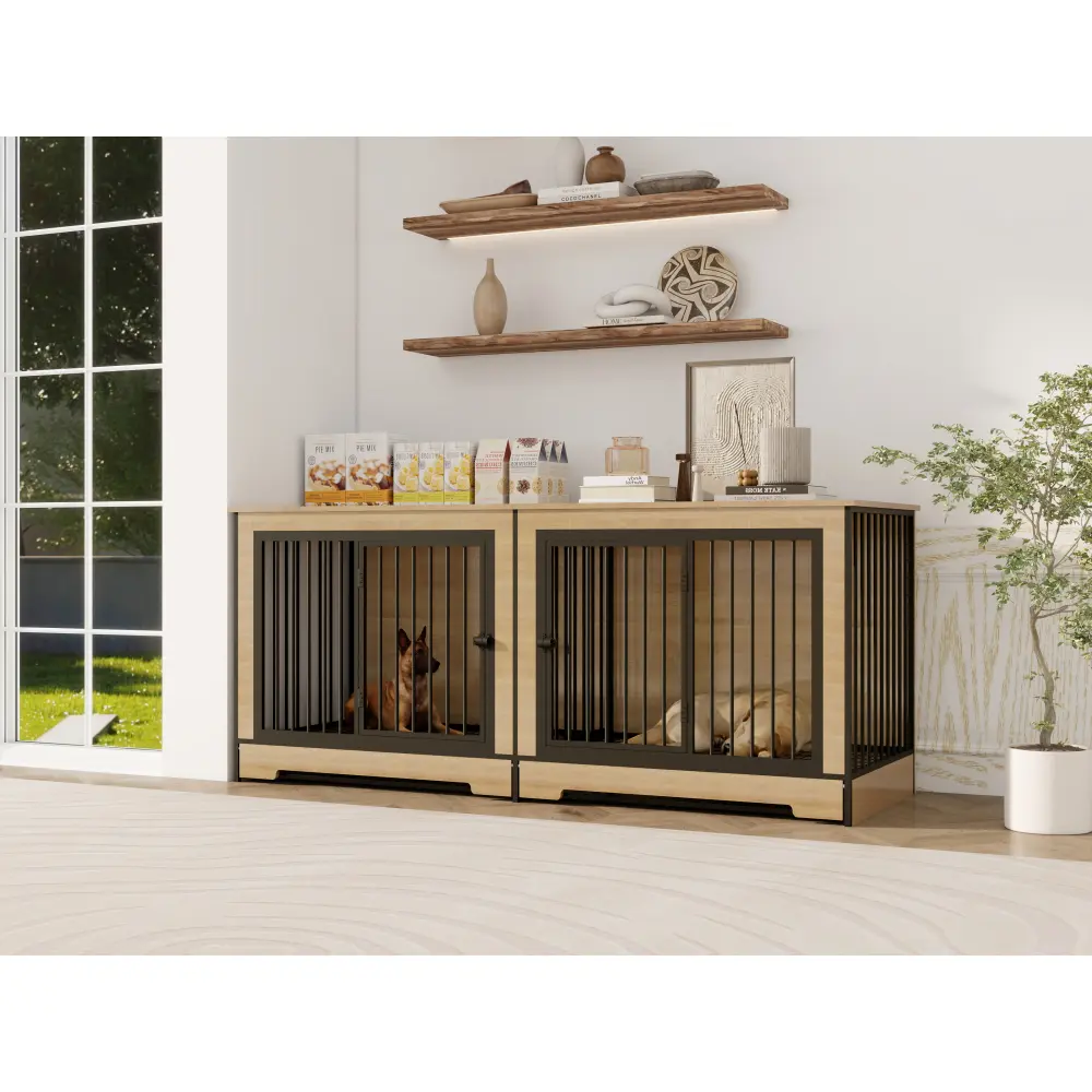 Dog Crate Furniture with Two Combined Rooms, XL Large Double Dog Crate Furniture with Tray Dog  Pets Dog House