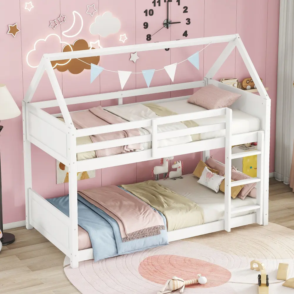 Bunk Bed Frame with Headboard, Footboard and Guardrails, Ladder, Rubberwood Bunk Bed with Safety Guardrails Bed Frame