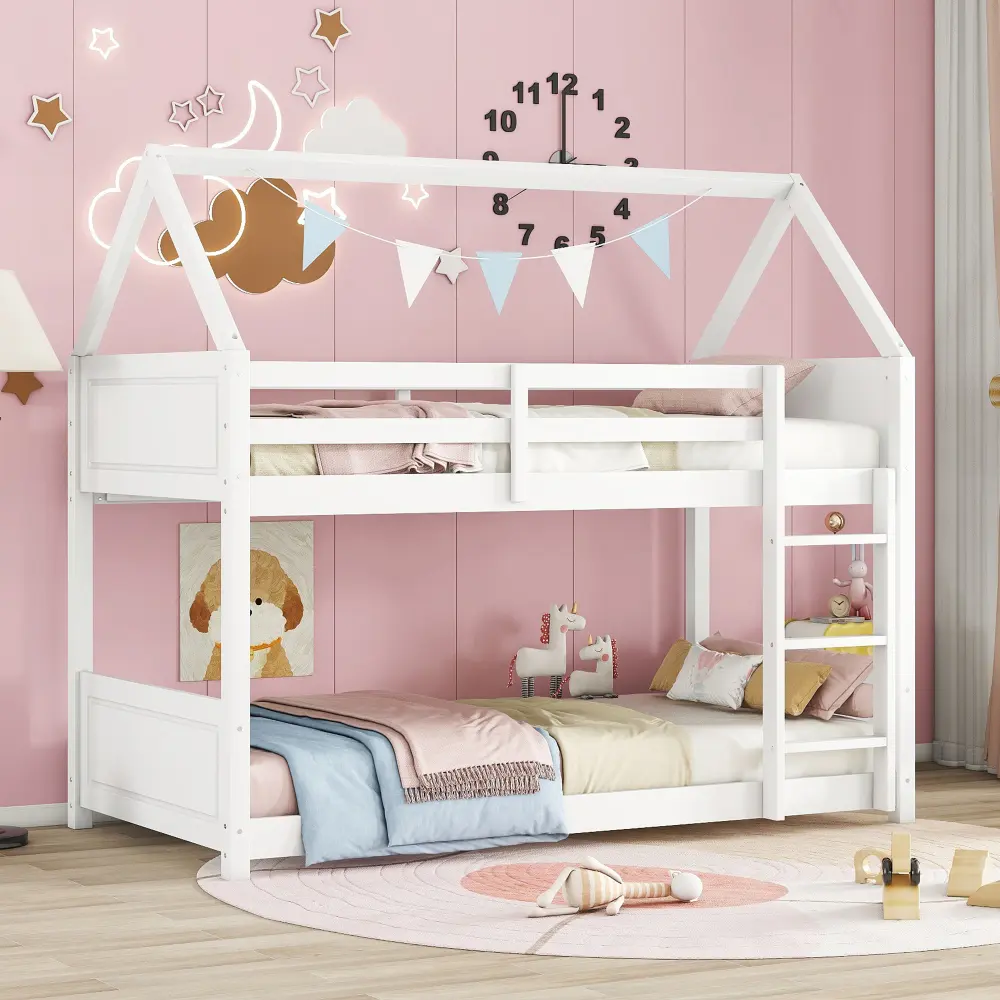 Bunk Bed Frame with Headboard, Footboard and Guardrails, Ladder, Rubberwood Bunk Bed with Safety Guardrails Bed Frame