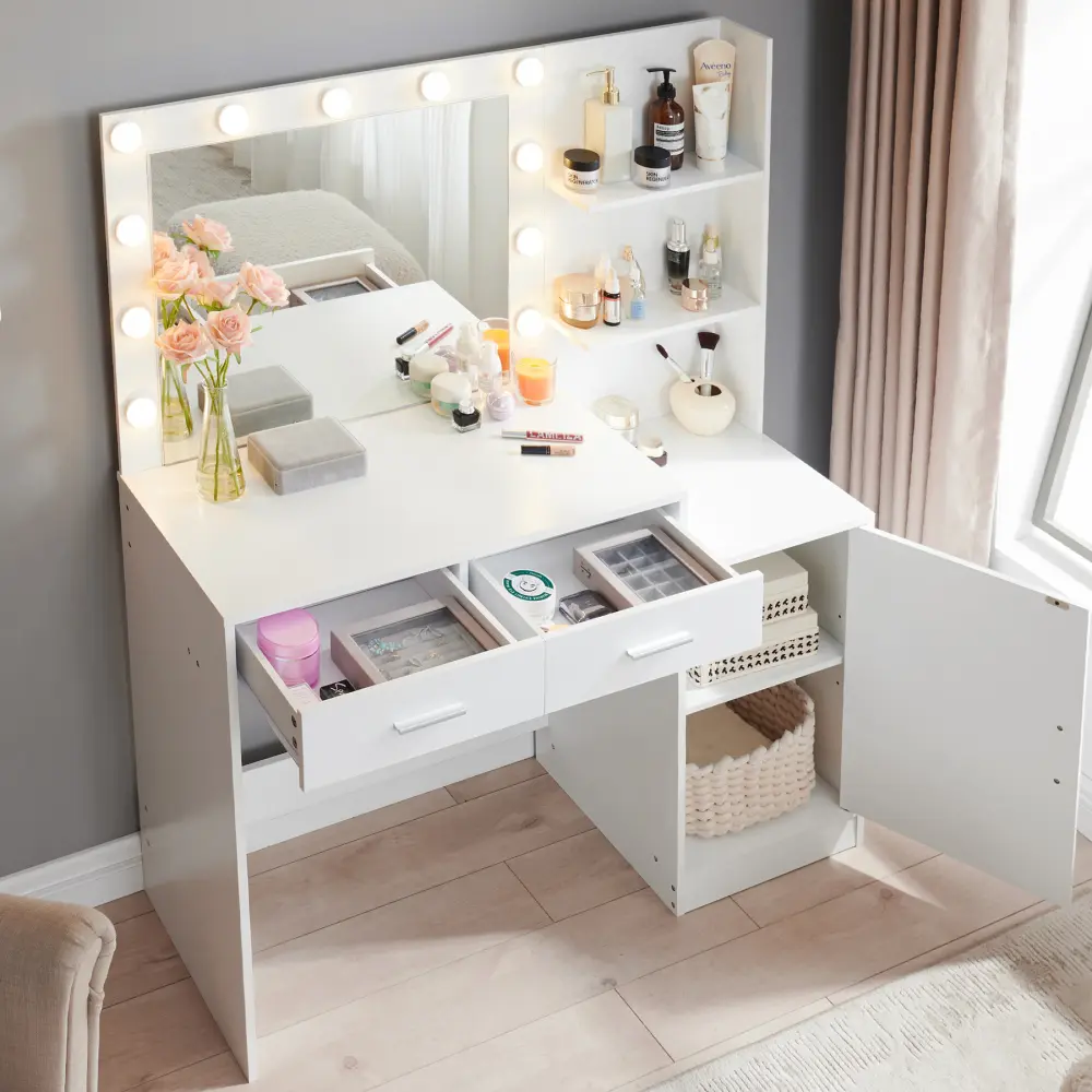 Dressing Table with Mirror and Light,46.4inch Dressing Table, 3-layer Dressing Table and3lighting Modeswithadjustable Brightness