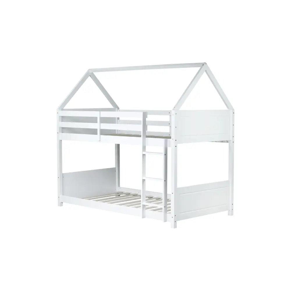 Bunk Bed Frame with Headboard, Footboard and Guardrails, Ladder, Rubberwood Bunk Bed with Safety Guardrails Bed Frame
