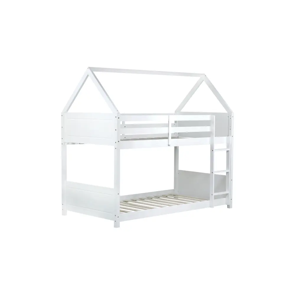 Bunk Bed Frame with Headboard, Footboard and Guardrails, Ladder, Rubberwood Bunk Bed with Safety Guardrails Bed Frame