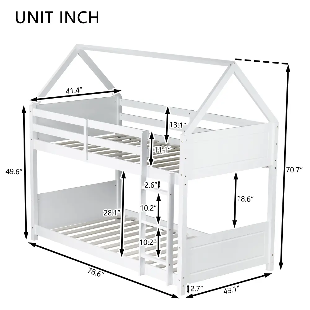 Bunk Bed Frame with Headboard, Footboard and Guardrails, Ladder, Rubberwood Bunk Bed with Safety Guardrails Bed Frame