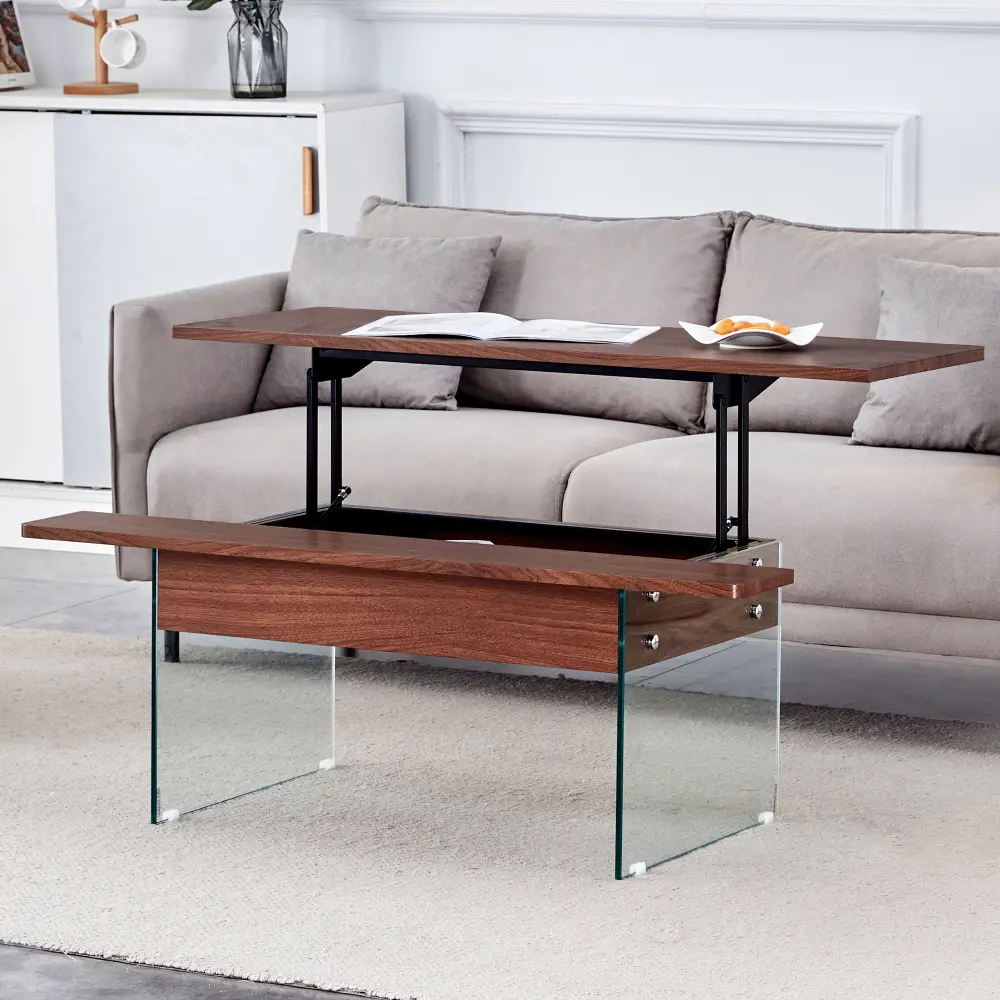 Multifunctional Lift Coffee Table, Dark Wood Texture Sticker, Tempered Glass Legs, Lift Top Function. Coffe Table