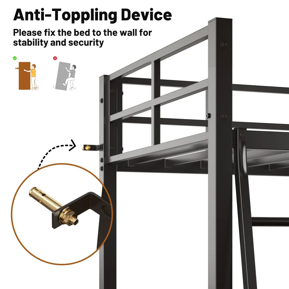 Double Metal Loft Bed with L-shaped Desk, Charging Station Loft Bed Frame, Safety Cover and Ladder Bed Frame
