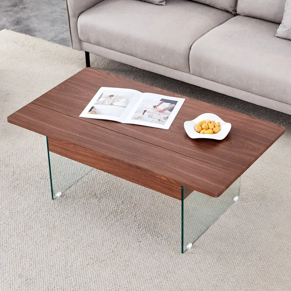 Multifunctional Lift Coffee Table, Dark Wood Texture Sticker, Tempered Glass Legs, Lift Top Function. Coffe Table
