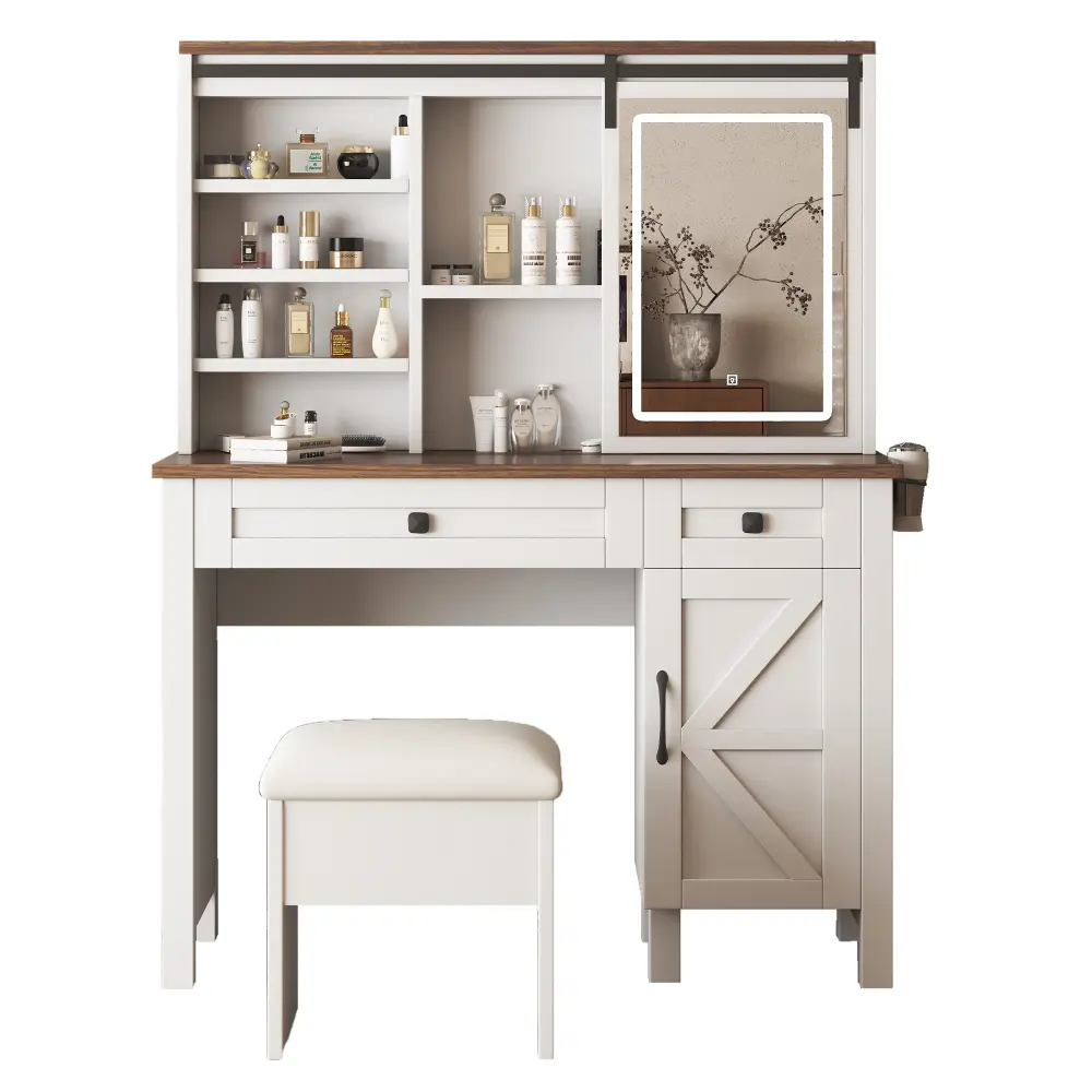 Makeup Vanity with Sliding Mirror, Light, Hairdryer Holder and Charging Socket, 2 Drawers and Large Storage Dressers