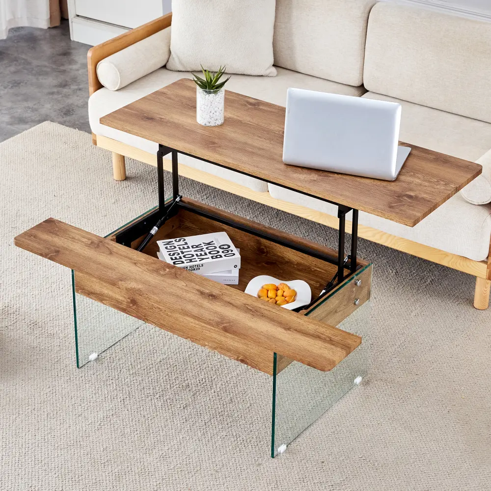 Multifunctional Lift Coffee Table, Dark Wood Texture Sticker, Tempered Glass Legs, Lift Top Function. Coffe Table