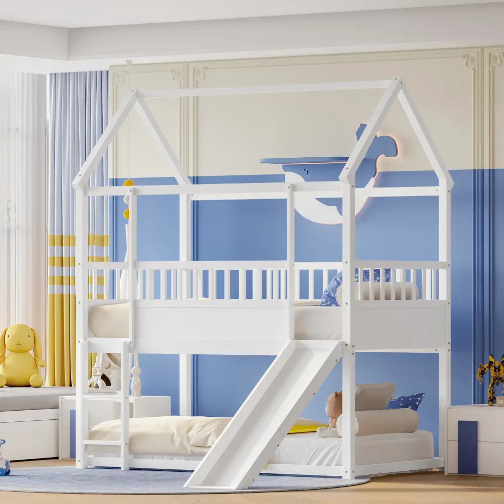 House Bunk Bed with Convertible Slide and Ladder, Floor Bunk Bed Twin Over Twin with Safety Guardrail Bed  Bedroom Furniture
