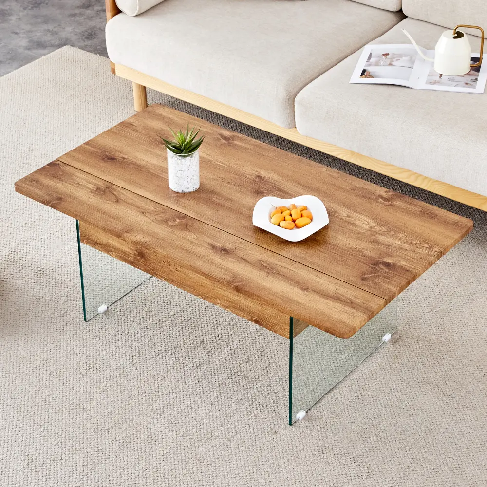 Multifunctional Lift Coffee Table, Dark Wood Texture Sticker, Tempered Glass Legs, Lift Top Function. Coffe Table