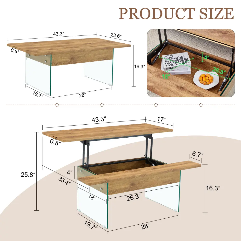 Multifunctional Lift Coffee Table, Dark Wood Texture Sticker, Tempered Glass Legs, Lift Top Function. Coffe Table