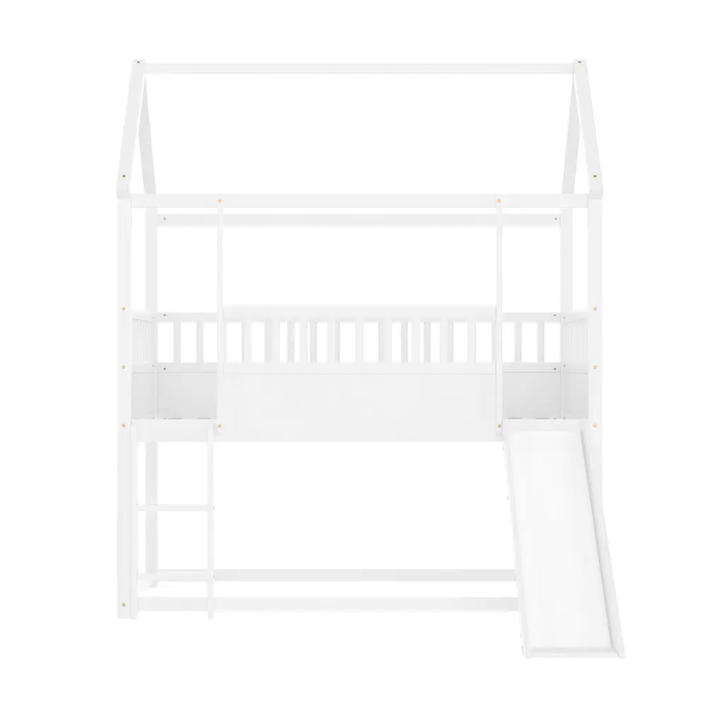 House Bunk Bed with Convertible Slide and Ladder, Floor Bunk Bed Twin Over Twin with Safety Guardrail Bed  Bedroom Furniture