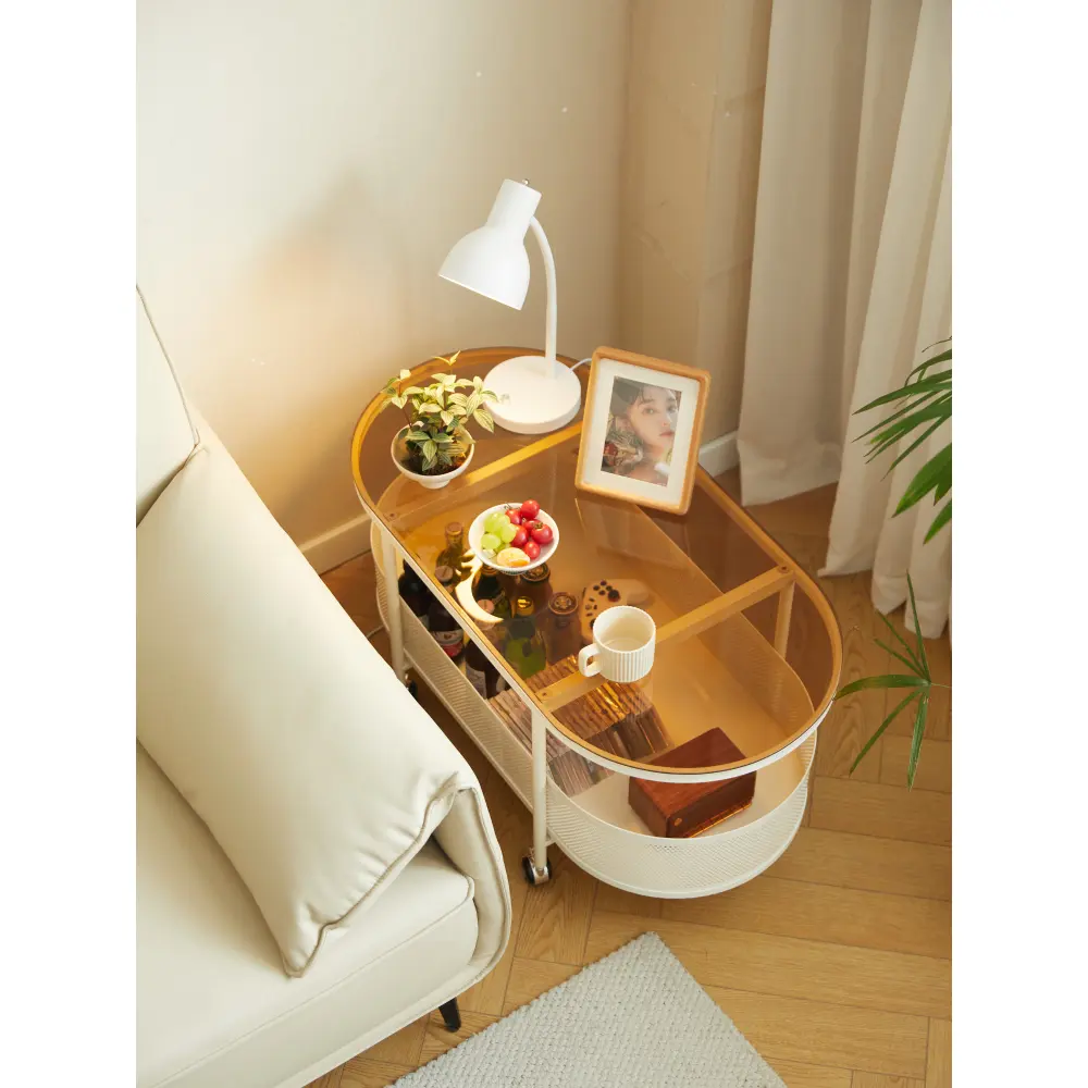 Movable Oval Metal Glass Coffee Table with Storage Coffee Tables  Glass Coffee Table