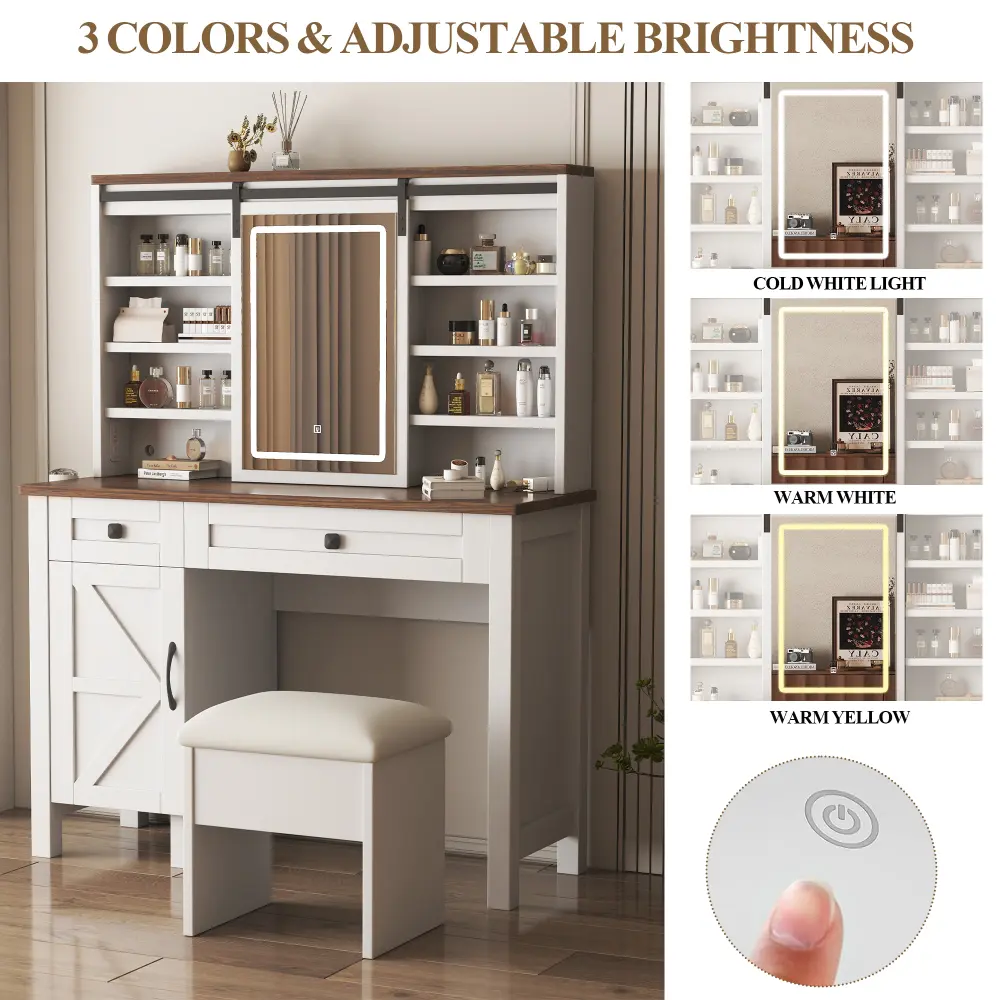 Makeup Vanity with Sliding Mirror, Light, Hairdryer Holder and Charging Socket, 2 Drawers and Large Storage Dressers
