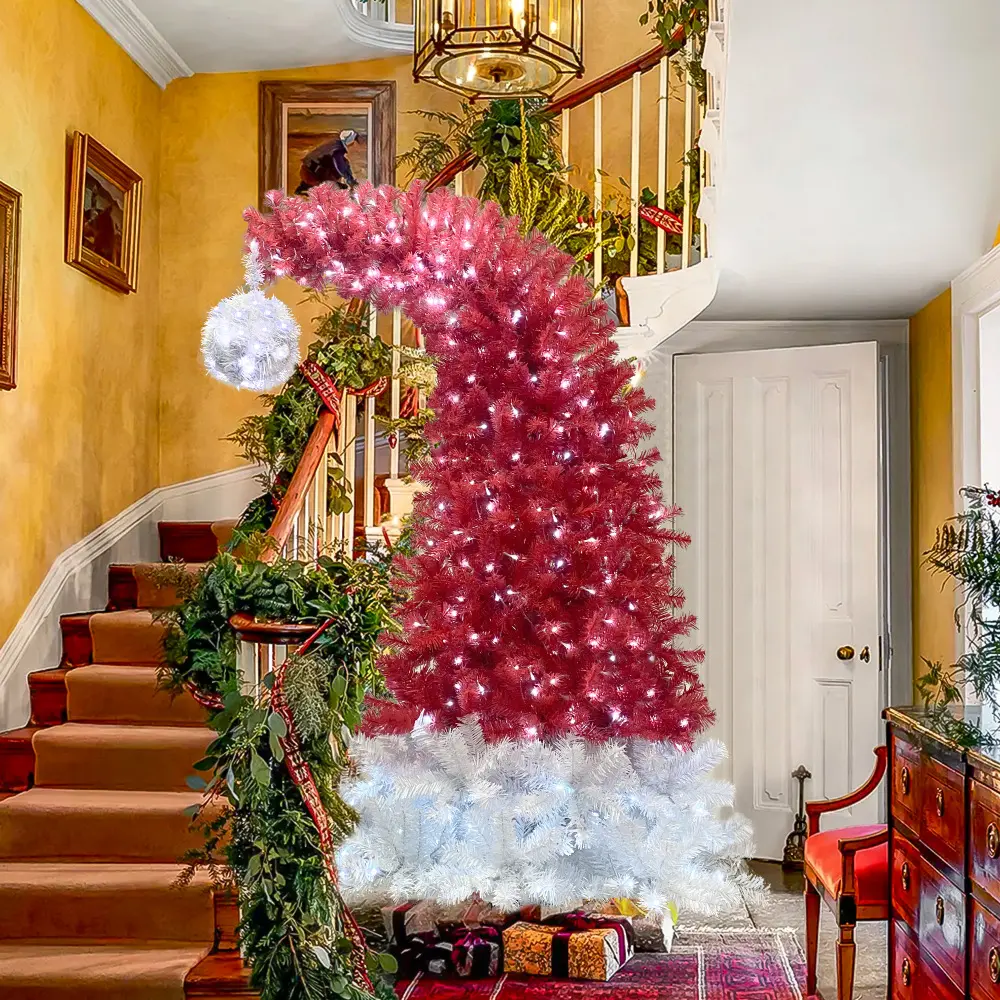 6FT Hinged Fir Artificial Fir Bent Top Christmas Tree, Christmas Tree Holiday Decoration,1250 Lush Branch Tips, 300 LED Lights