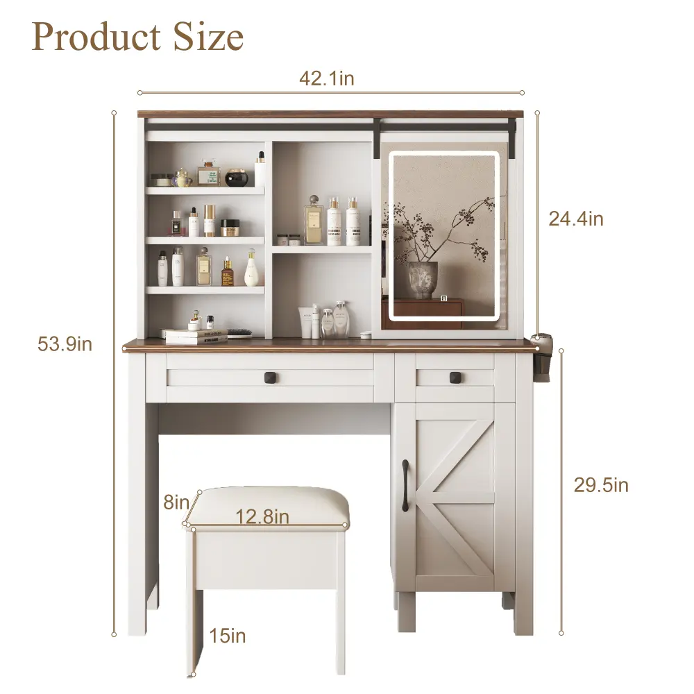 Makeup Vanity with Sliding Mirror, Light, Hairdryer Holder and Charging Socket, 2 Drawers and Large Storage Dressers