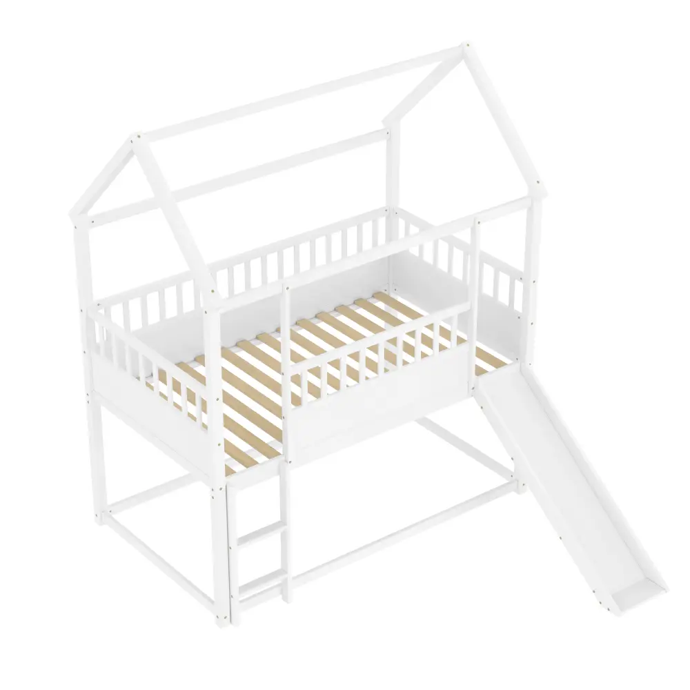 House Bunk Bed with Convertible Slide and Ladder, Floor Bunk Bed Twin Over Twin with Safety Guardrail Bed  Bedroom Furniture