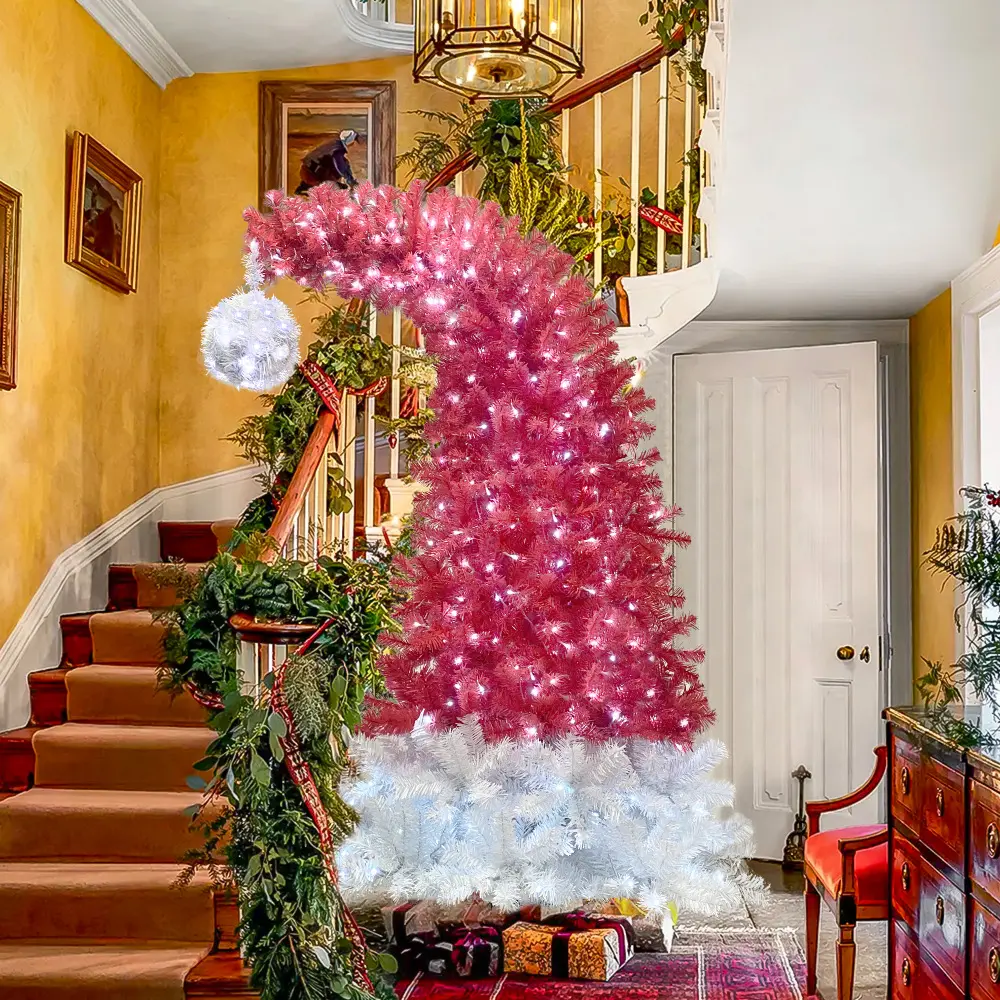 6FT Hinged Fir Artificial Fir Bent Top Christmas Tree, Christmas Tree Holiday Decoration,1250 Lush Branch Tips, 300 LED Lights