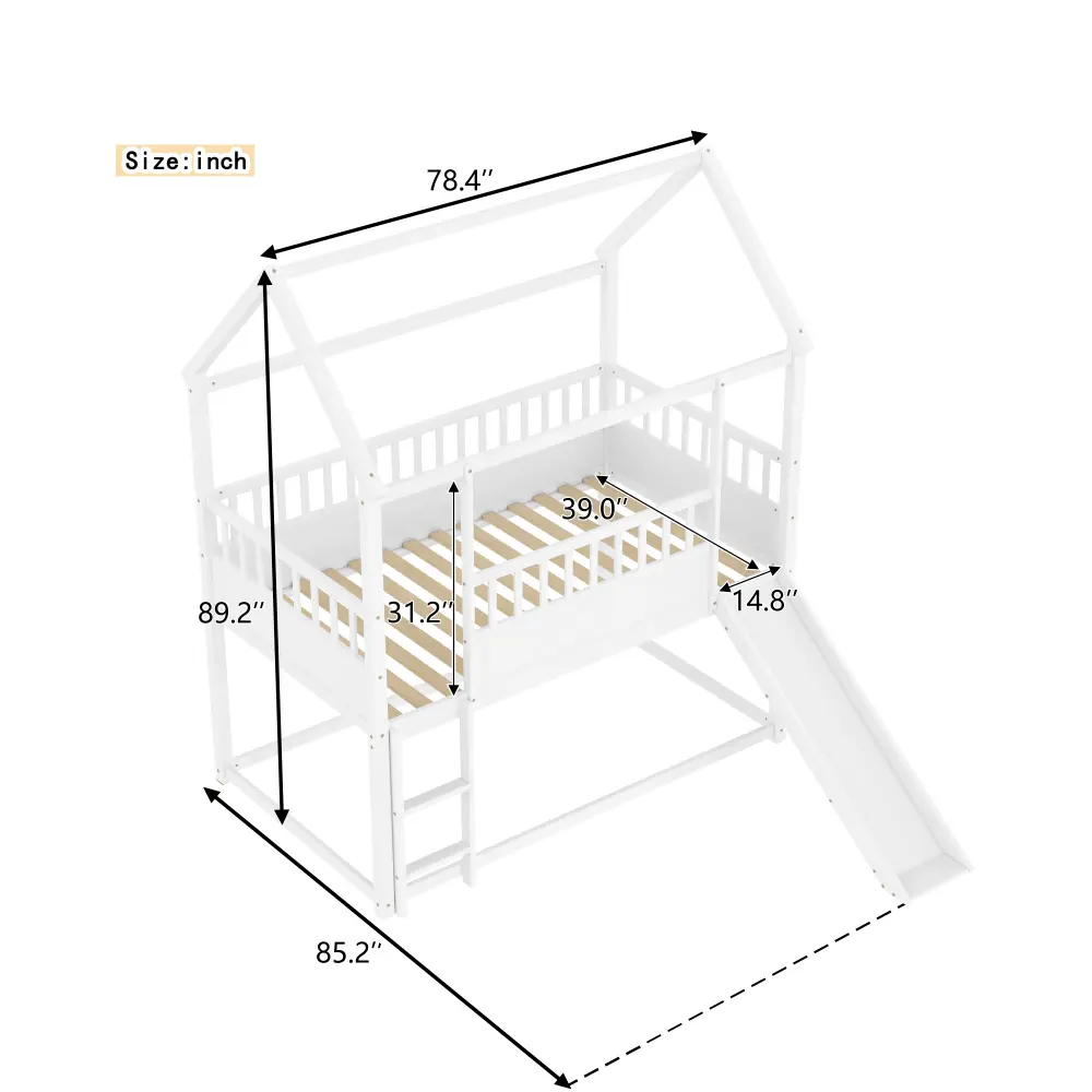 House Bunk Bed with Convertible Slide and Ladder, Floor Bunk Bed Twin Over Twin with Safety Guardrail Bed  Bedroom Furniture